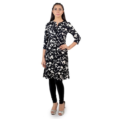White And Black Printed Kurta - Cotton, Knee-Length, Black | Stylish Design, Soft Fabric, Comfortable Fit, Elegant Look, Versatile Style, Three-Quarter Sleeve