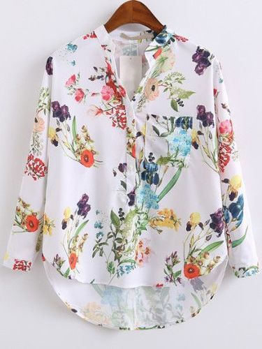 WOMEN'S TOPS - Polyester, Varied Sizes, White | Stylish Design, Floral Print, Soft Fabric, Comfortable Fit, Long Sleeves, V-Neck