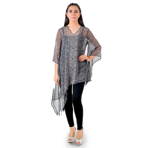 Black And White Printed Sheer Tunic - Sheer Fabric, 30 Inches, Gray | Stylish Design, Comfortable Fabric, Lightweight Material
