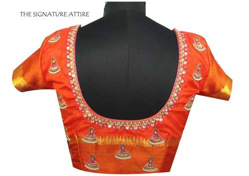 Orange Silk Blouse With Threads And Pearls