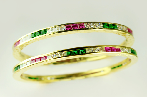 LUSTROUS YELLOW GOLD PLATED KADAS - Set of 2 with Maroon, Green & White Stones | Classic Style for Women, Ideal for Weddings, Anniversaries, and Parties