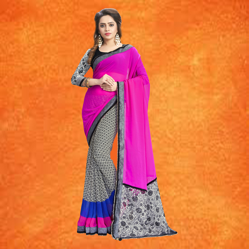 Georgette Printed Saree - Elegant Pink & Grey Design | Includes Matching Crepe Blouse Piece Suitable for All Seasons