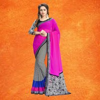 Georgette Printed Saree - Elegant Pink & Grey Design | Includes Matching Crepe Blouse Piece, Suitable For All Seasons