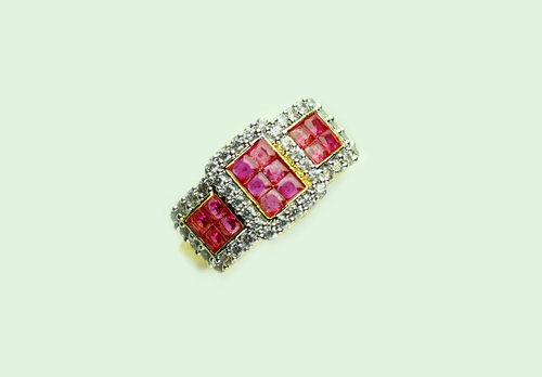Crimson Ring - Yellow Gold Toned, Round Brilliant Cut American Diamonds and Red Stone | Very Good Diamond Cut, Laser Drilling Enhancements