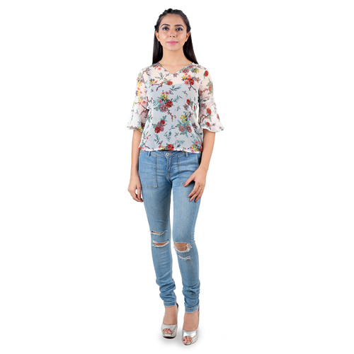 Printed White Top - Cotton Blend, Multiple Sizes, White | Stylish Design, Comfortable Fit, Floral Print, 3/4 Sleeves, Summer Wear