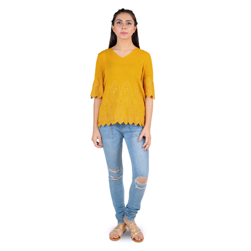 Hand Embroidered V-Neck Ocher Tunic