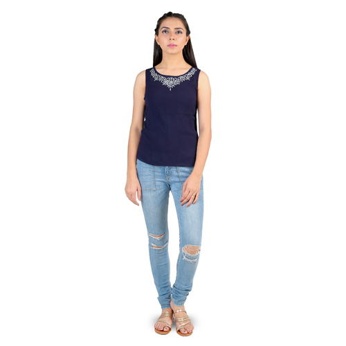 Hand Embroidered Navy Solid Top