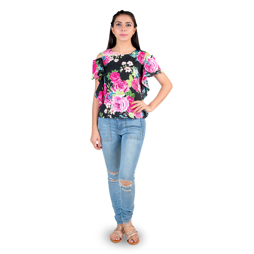 Printed Black Top - Polyester, S-XL, Black | Floral Print, Cold Shoulder, Soft Fabric, Round Neckline