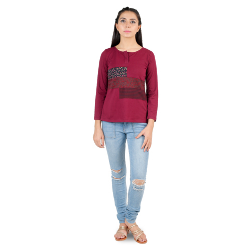 Printed Patchwork Rosewood Top - Cotton, S-XL, Maroon | Full Sleeves, Colorfast, Easy Wash
