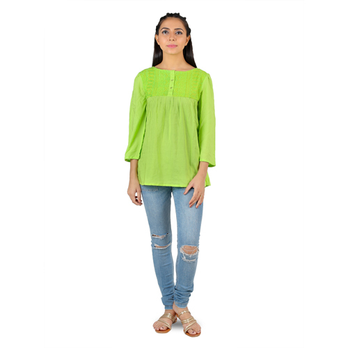 Hand Embroidered Round Neck Apple Green Tunic
