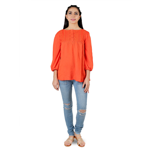 Hand Embroidered Round Neck Orange Tunic