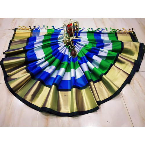 Cream Rainbow Checkered Cotton silk Saree
