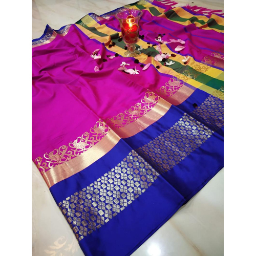 Pink Colour Flamingo Bird Cotton Silk Saree
