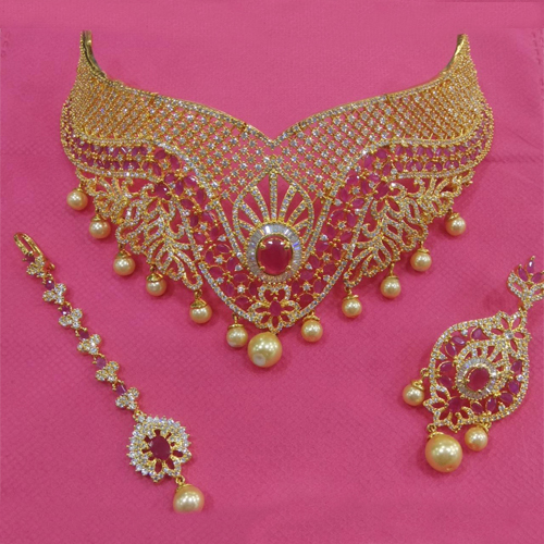 Party Wear Necklace Set - Brass Metal, Standard Size | Gold Plated, Ruby and Zircon Stone Embellishments, Elegant 6 cm Thickness for Women