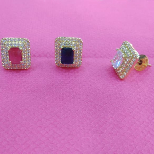 Gold Plated Square Earrings - Brass Metal, Standard Size | Stylish Gold-Plated Design with Lustrous Zircon Stones for Weddings, Parties, and Anniversaries