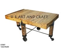 Antique Coffee Table - Solid Wood And Iron Frame, Square Shape With Wheels For Easy Movement And Cleaning