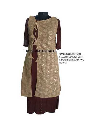 Brown Chiffon Kurti With Jute Jacket