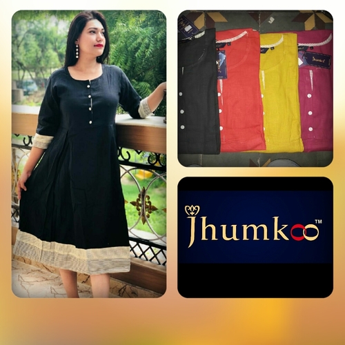 Cotton Slub Kurti - Long Frock Style with Bottom Print | Trendy Design in 4 Color Options