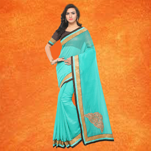 Chanderi Saree - Cotton Silk Material, Sky Blue Color | Elegant Plain Design with Lace Border and Butta Pallu