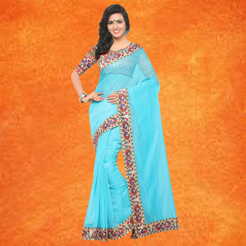 Sky Blue Festive Wear Chanderi Saree
