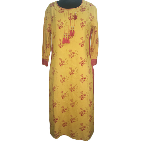 Ladies Rayon Yellow Printed Kurti