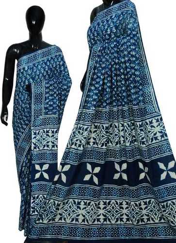 All Dabu Hand Block Print Indigo Cotton Saree