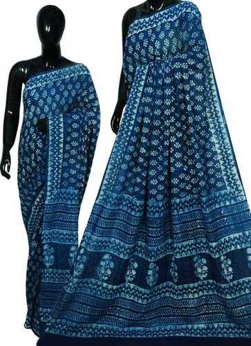 All Hand Block Print Indigo Dye Cotton Saree