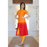 Ladies Long Kurti - Cotton, Short Sleeves, Orange Gradient, Round Neck | Elegant Design For Casual & Formal Occasions