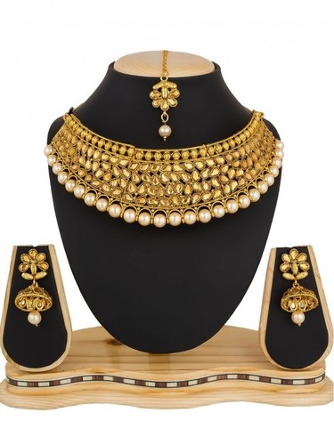 Necklace - Gold Plated Alloy with Imitation Pearls Customizable Readymade Design for Anniversary Engagement Gift or Party