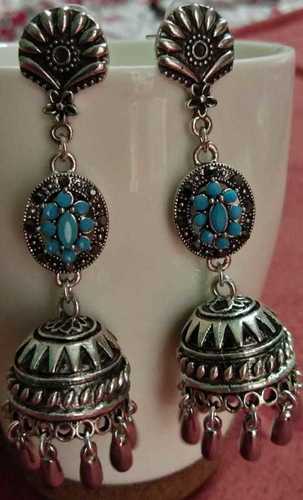 Silver Oxidized Flower Metal Jhumki Earrings - 1-2 Inches, Sapphire Accented, Charming Design for Women's Parties and Weddings