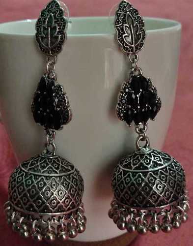 Leaf Silver Jhumki - Oxidized Silver 1-2 Inch Size | Sapphire Stone Elegant Design for Women Perfect for Weddings and Parties