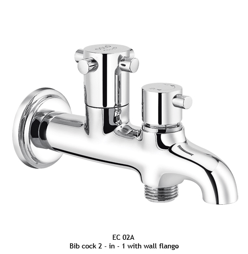 Bib Cock 2 in 1 with Wall Flange - Brass, 2 Inch, Chrome Finish | Dual Functionality, Water Efficient, Easy Installation, Two Handles, 5 Year Warranty