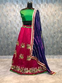 Lehenga Set - Benglory Silk, Semi-stitched Upto 42 Inches Waist, 43 Inches Length | Red Color, Embroidered With Beads, Feather, Fur, Lace, And Sequins
