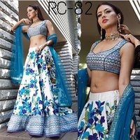 Party Wear Printed Lehenga - Benglory Satin Silk, Free Size, White Blue Color, Decorative Beaded Lace & Sequins | Modern Style, Embroidered Pattern, Quick Dry, Non-toxic, Plus Size