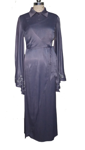 Kaftan - Customized Size 62 inches Length, Gray Embroidered Fabric | Draped Design with Bel Sleeves, Short Sleeve Style, Dry Clean Only