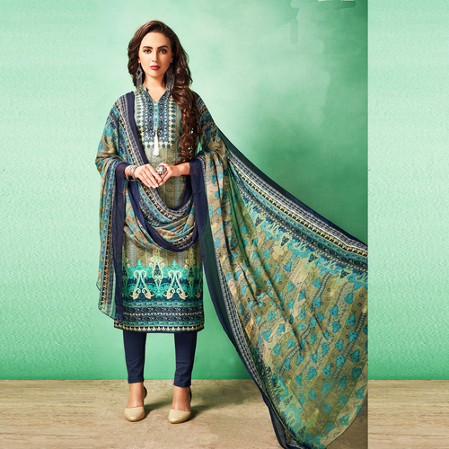 Blue And Gray Cotton Printed Salwar Suit
