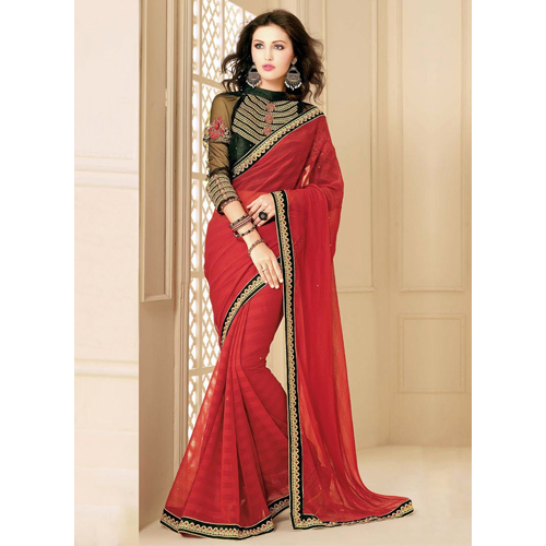 Embroidered Ladies Red Faux Chiffon Saree
