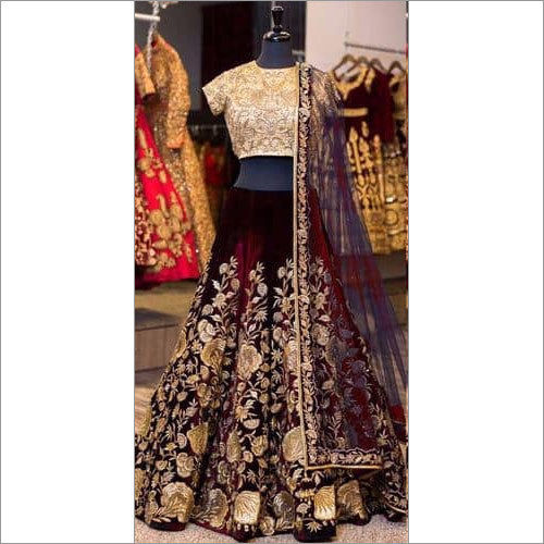 Cofee Navy Blue Velvet Embroidered Lehenga Set With Blue Net Dupatta.