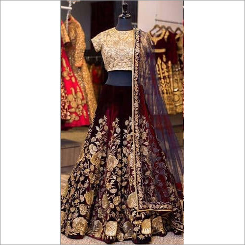 Navy Blue Velvet Embroidered Lehenga Set With blue Net Dupatta.