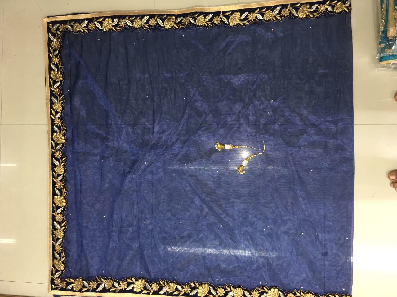 Navy Blue Velvet Embroidered Lehenga Set With blue Net Dupatta.