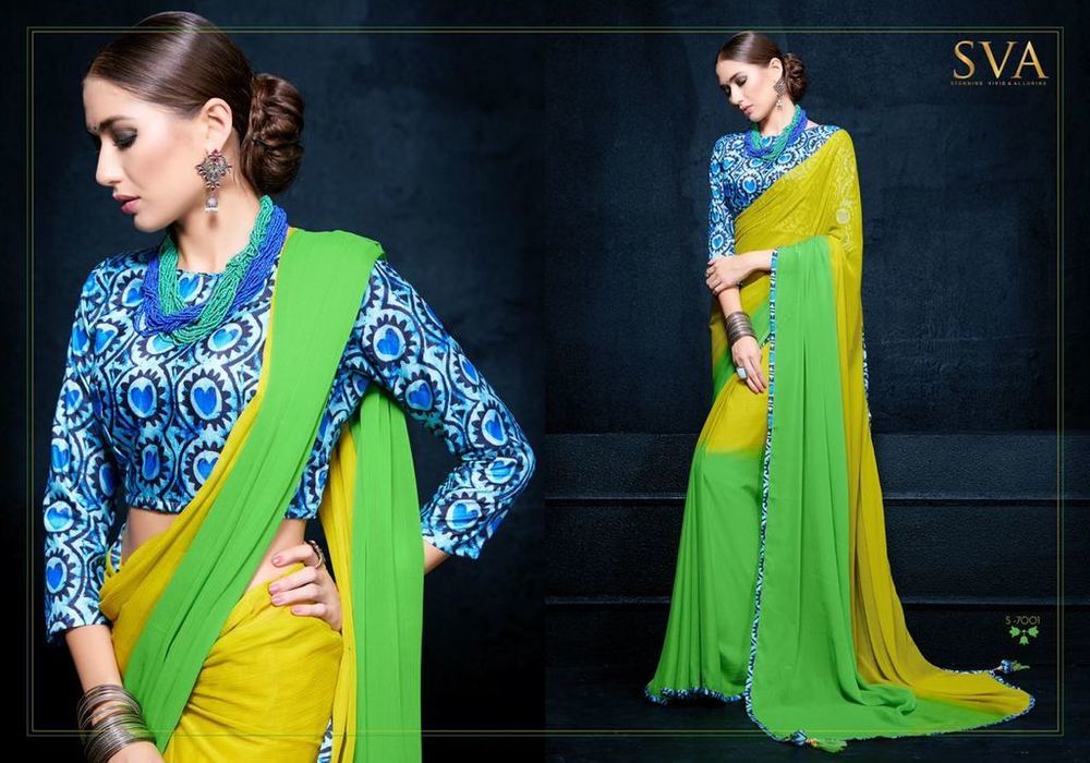 Green And Yellow Fancy Plain Sarees With Print Blouse