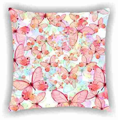 Digital Printed Floral Pink Butterflies Design Cushion Cover - Poly Cotton 40x40 cm | Square Shape, White and Pink Color, Zipper Closure