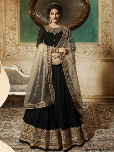 Anarkali Salwar Kameez - Black Georgette with Embroidery | Ceremony Wear for Women, Semi-Stitched, Includes Matching Dupatta
