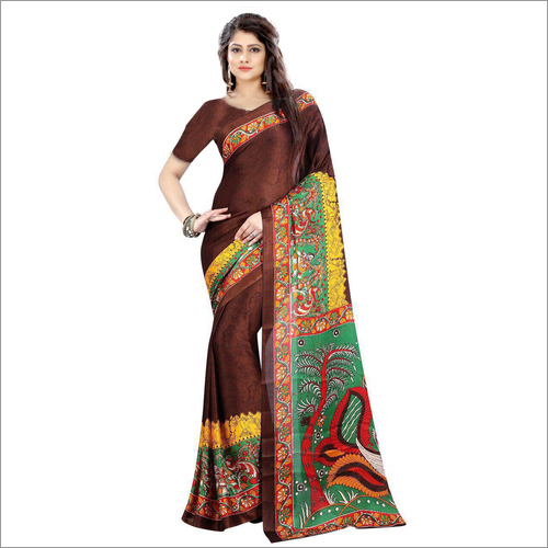Bhagalpuri Sarees - Art Silk, 5.5 Mtr Length, 0.8 Mtr Blouse | Printed Design in Brown and Green, Suitable for Rainy, Spring, Summer, Winter