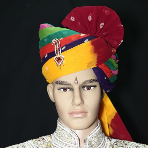 Groom Safa - Polyester Fabric, Multi-Color Pattern, Intricately Printed Rajasthani Booti Design, Shiny Embellishments for Baraat Assembly