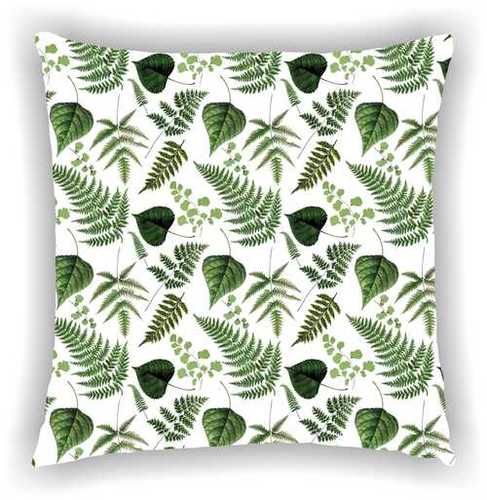 Digital Printed Floral Leaf Design Cushion Cover - 40x40 cm (16x16 inches), White Cotton, Square Shape, Digitally Printed, Zipper Closure