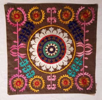 Suzani Embroidered Cushion Cover Set - 100% Silk, Square Shape, Brown Color | Luxurious Silk Filling, No Zipper Design
