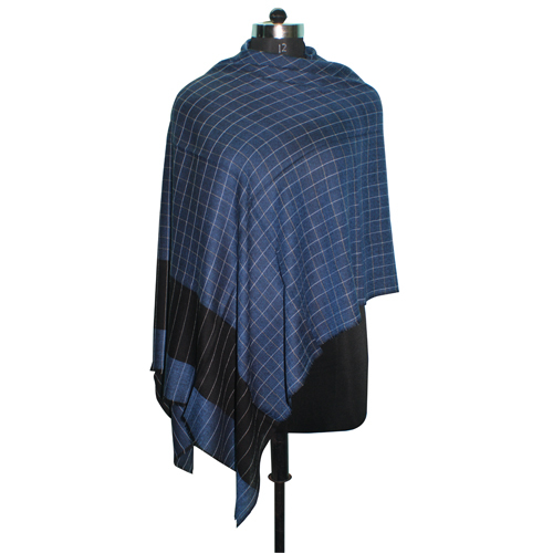 Blue & Black Wool Silk Yarn Dyed Check Scarf