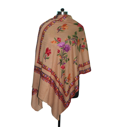 Brown Wool Hand Embroidery Beige Shawl