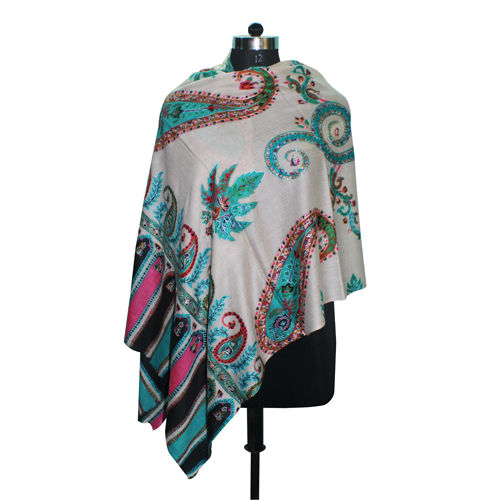 Wool Silk Printed Embroidery Stole